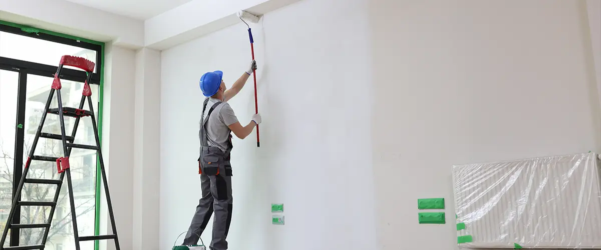 Professional painter in protective gear doing an interior painting project, with ladder and painting tools visible in modern renovation project