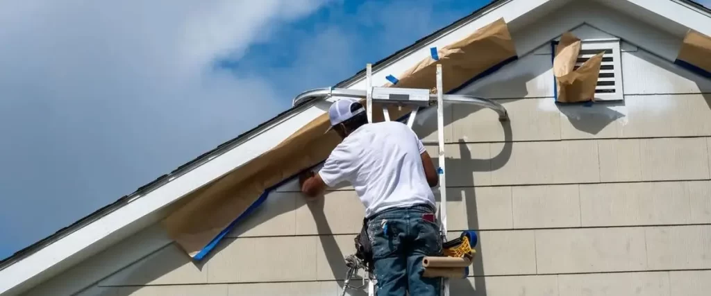 Painter on a stabilizer ladder masking and prepping the exterior trim and gable vents for paint application on a house.
