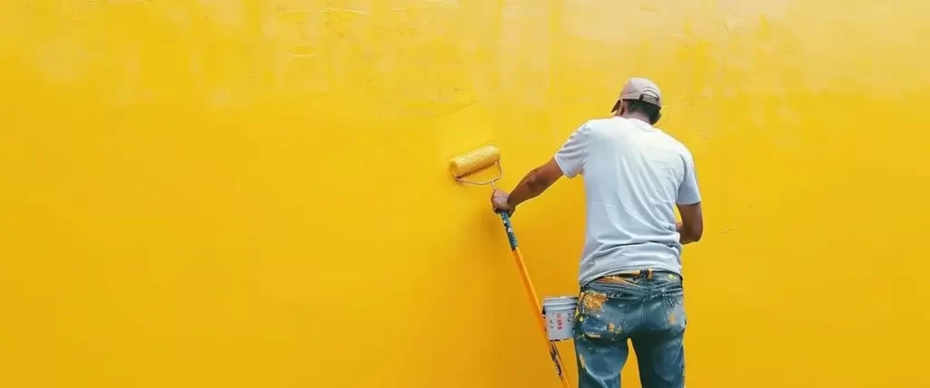 Painter in a white shirt using a long roller to cover a large, bright yellow interior wall, illustrating a common home project.