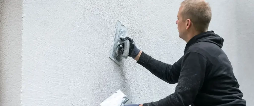 Professional applying skim coat or texture repair to interior drywall before winter painting project.